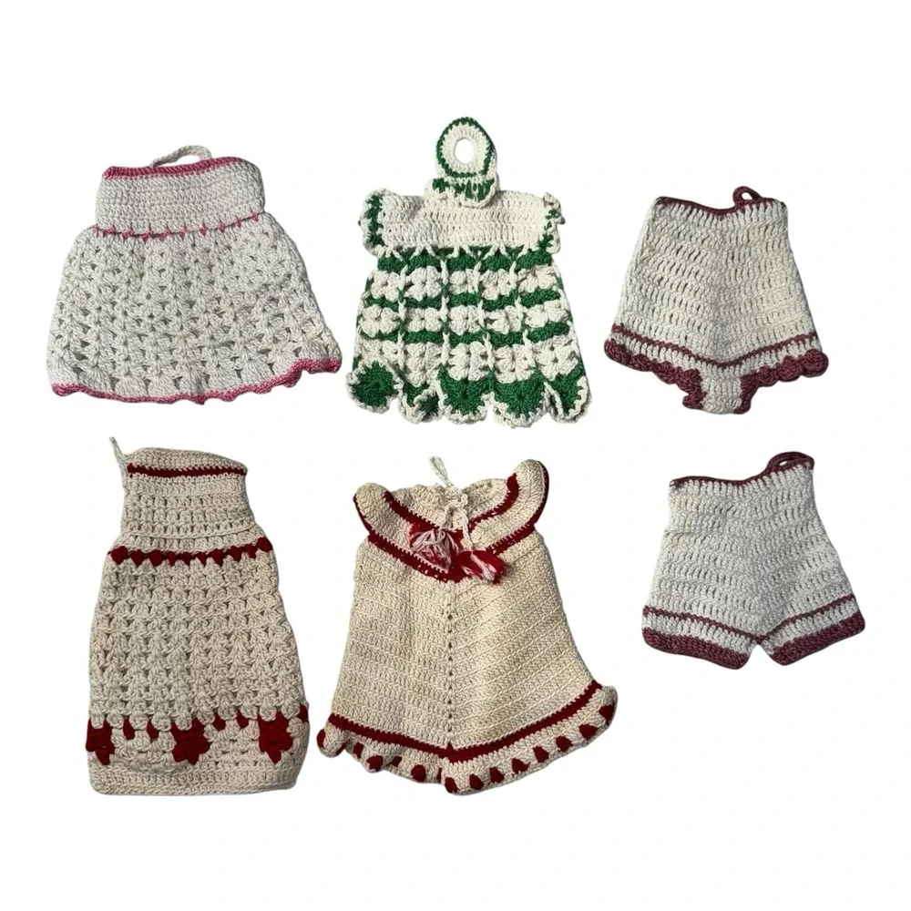 Vintage Crocheted Dress Shaped Pot Holders Hanging Loop 6 pcs